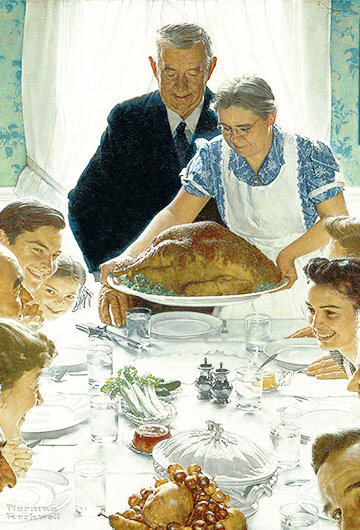 The painting "The Freedom from Want," a painting where a grandmother is serving food at a dinner table.
