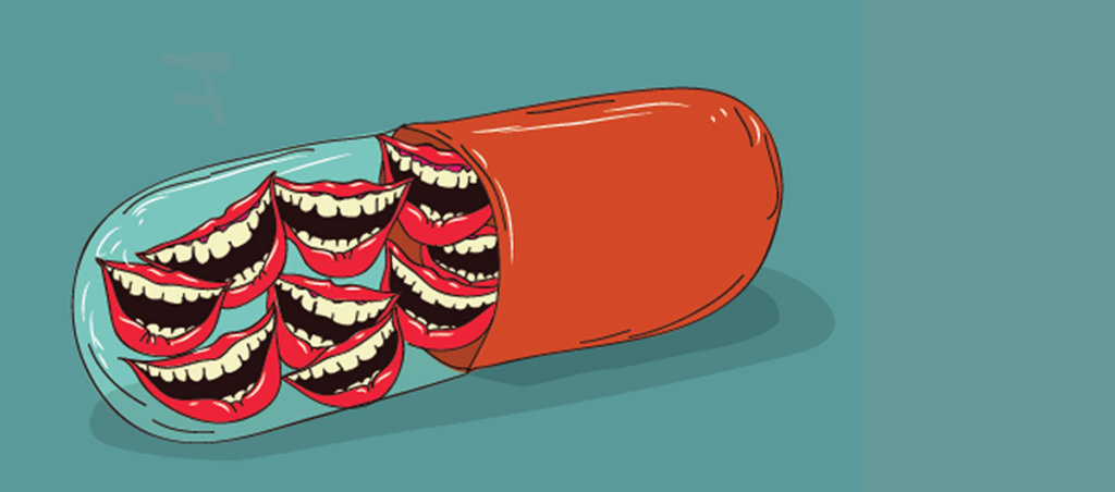 An illustration of a pill. Half of it features mouths of people laughing.