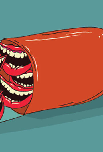 An illustration of a pill. Half of it features mouths of people laughing.