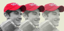 A photo of Nick Sandmann, a white teenager, wearing a Make America Great Again hat.