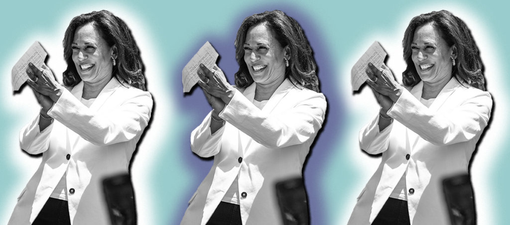 A collage of photos of Kamala Harris