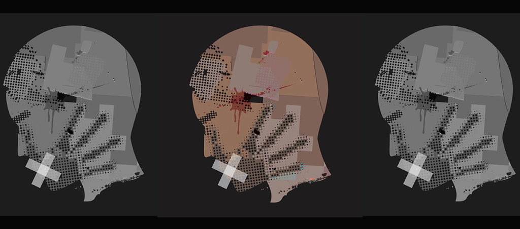 An illustration of bandaids covering up the mouths of three men's heads.