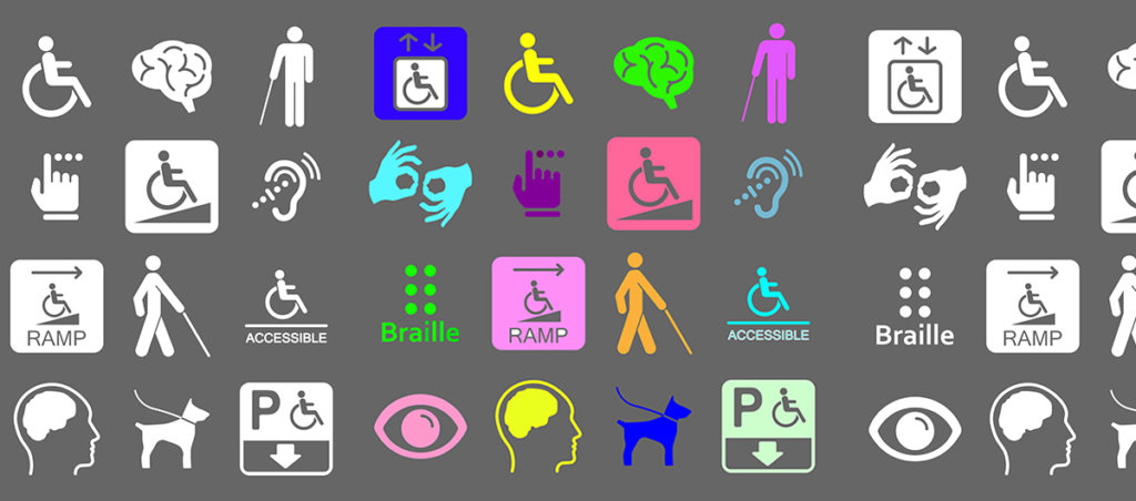 A photo of different emojis related to disability, including ASL, braile, service dogs, and wheelchair accessible signs.