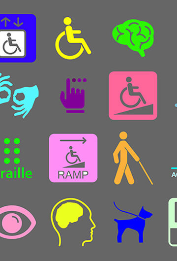 A photo of different emojis related to disability, including ASL, braile, service dogs, and wheelchair accessible signs.