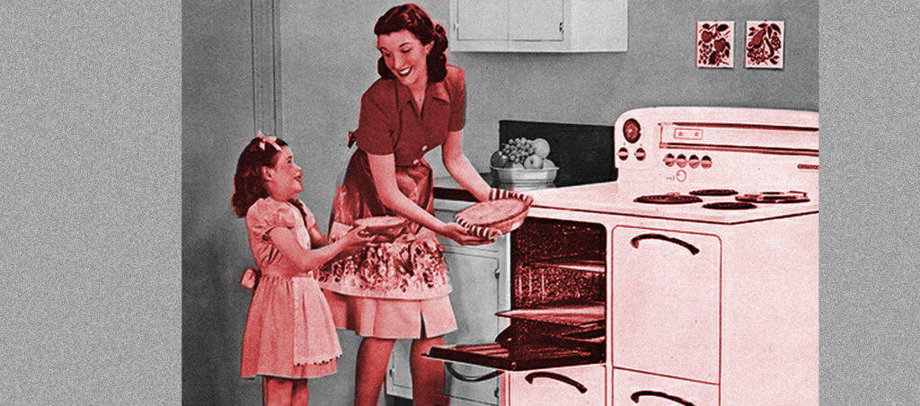 A 50s-style illustration of a woman and her child baking pie.