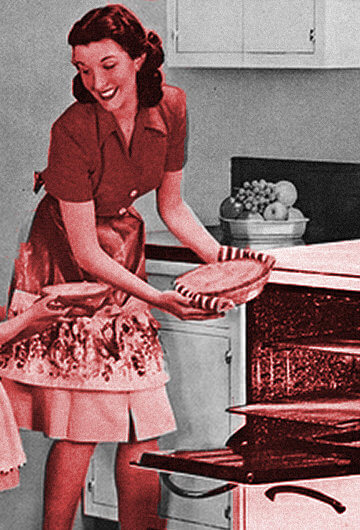 A 50s-style illustration of a woman and her child baking pie.