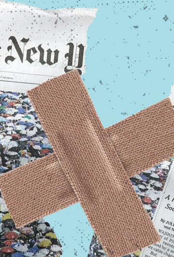 A collage of a ripped copy of the New York Times behind held together by bandaids