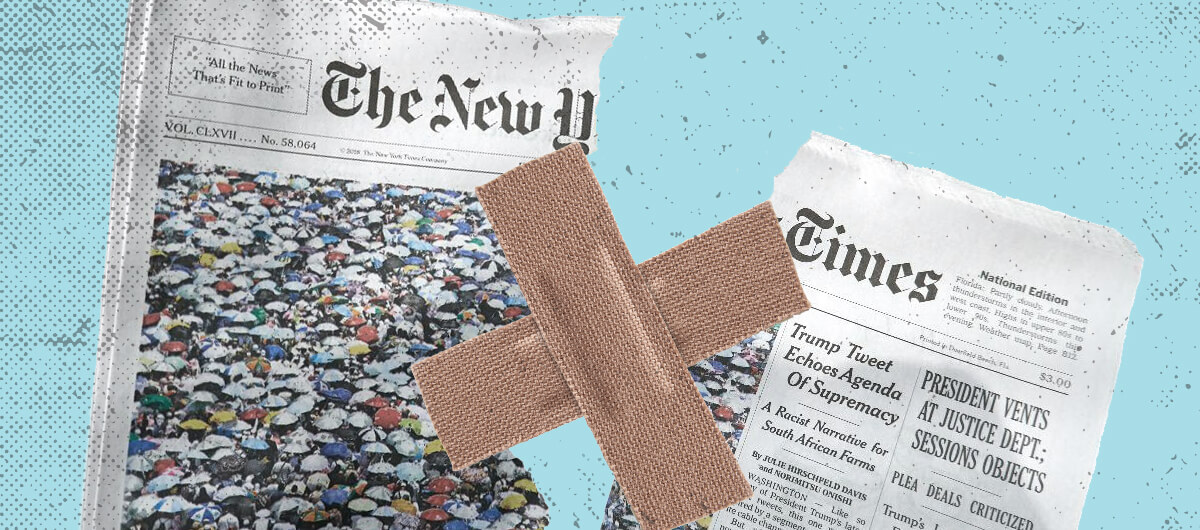 A collage of a ripped copy of the New York Times behind held together by bandaids