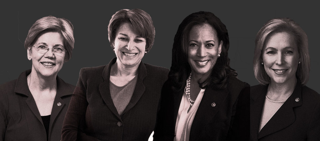 A collage of photos of Elizabeth Warren, Amy Klobuchar, Kamala Harris, and Kristen Gillibrand.