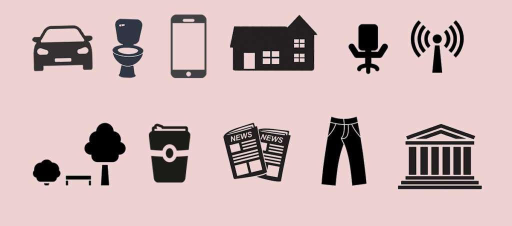 A collage of black illustrations of a car, a toilet, a phone, a house, a chair, a park, coffee, newspaper, pants and a building on a pink background.