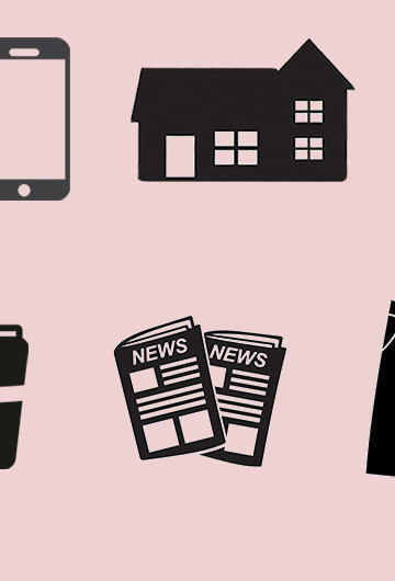 A collage of black illustrations of a car, a toilet, a phone, a house, a chair, a park, coffee, newspaper, pants and a building on a pink background.