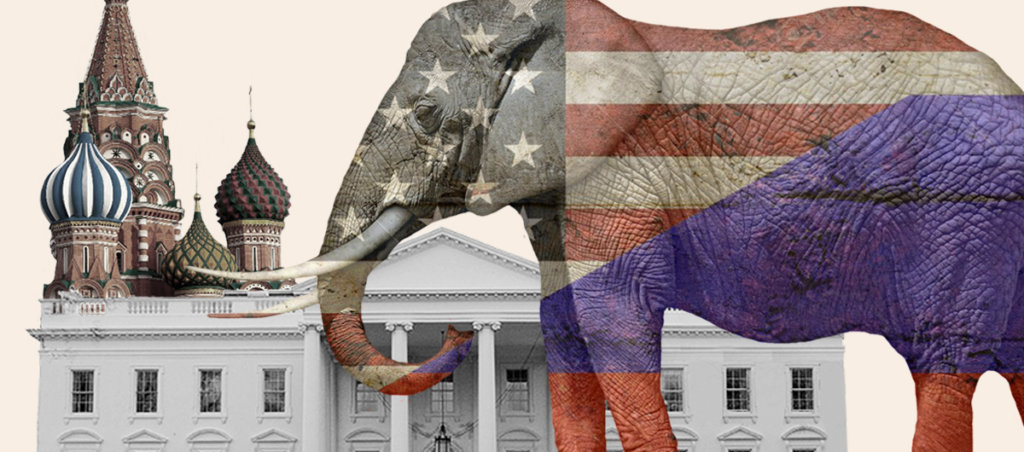 A collage of an Elephant painted like the American flag in front of the White House and the Kremlin