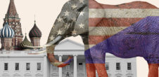 A collage of an Elephant painted like the American flag in front of the White House and the Kremlin