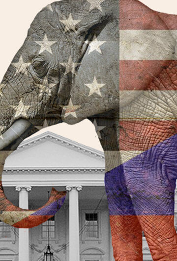 A collage of an Elephant painted like the American flag in front of the White House and the Kremlin