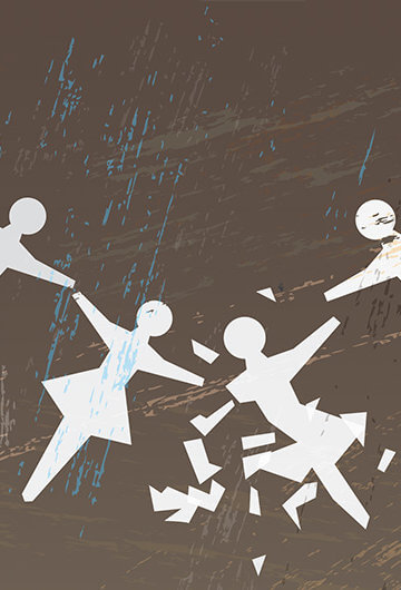 An illustration of a man pulling apart figures holding hands.