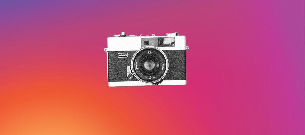 A collage of a camera on top of a background that has Instagram's colors.