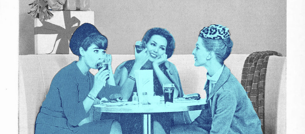 A collage of women from the 1950s eating and chatting around a table.