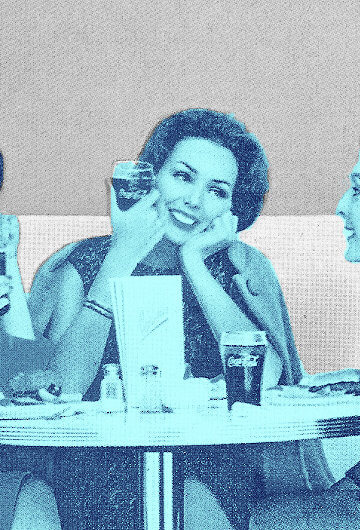 A collage of women from the 1950s eating and chatting around a table.
