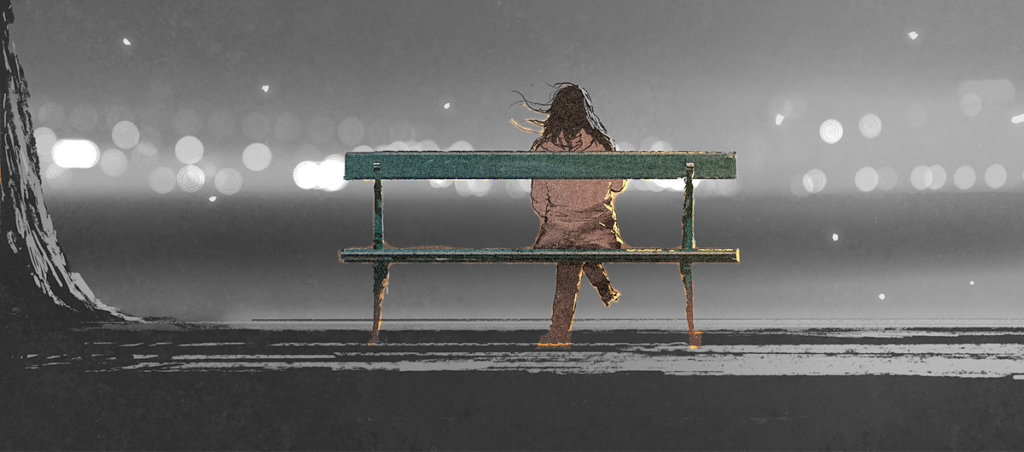 An illustration of a person sitting a bench alone.