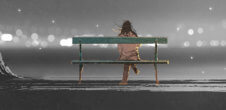 An illustration of a person sitting a bench alone.