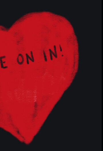 An illustration of a heart with the words, "Come On In!" on top of it.