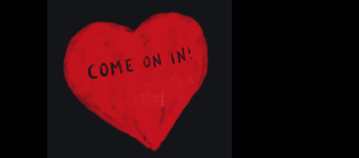 An illustration of a heart with the words, "Come On In!" on top of it.