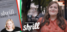 A collage of the book Shrill by Lindy West and a still from the Hulu adaptation of the show.