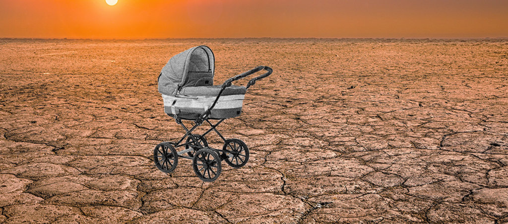 A collage of a baby stroller on top of land affected by climate change.