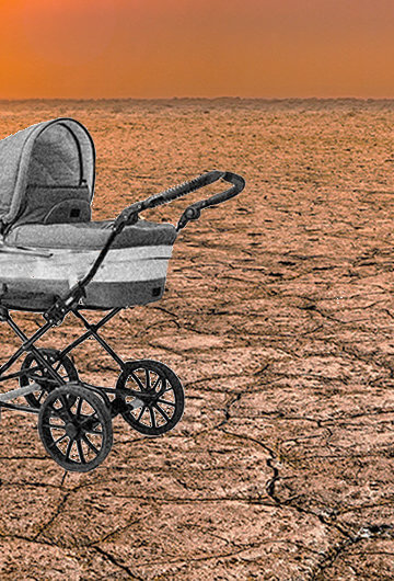 A collage of a baby stroller on top of land affected by climate change.