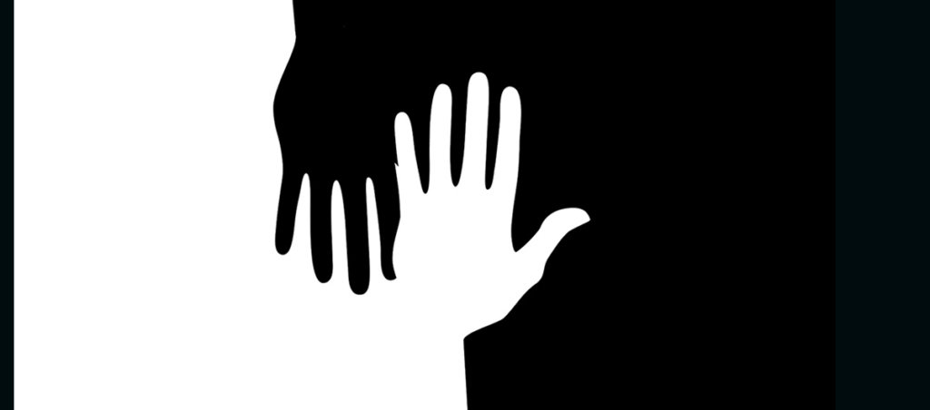 An illustration of a white hand and a black hand.