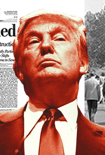 A collage of a photo of Trump, a WaPo front page of Bill Clinton being impeached, and a protest in favor of impeaching Nixon.