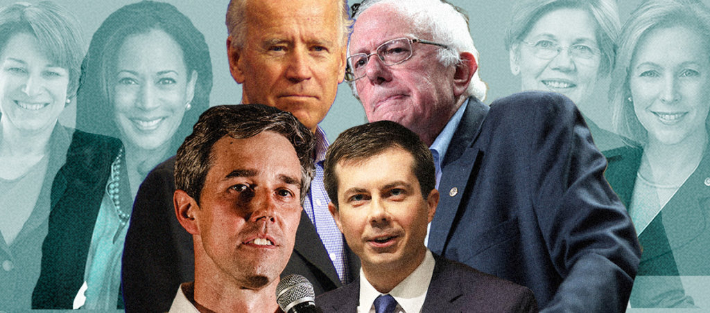 An illustration of male candidates Joe Biden, Bernie Sanders, Beto O'Rourke and Pete Buttigieg in front. Female candidates in the background.