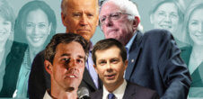 An illustration of male candidates Joe Biden, Bernie Sanders, Beto O'Rourke and Pete Buttigieg in front. Female candidates in the background.