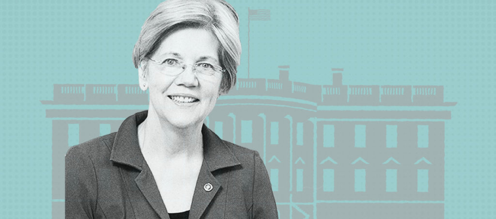 A photo of Elizabeth Warren in front of an illustration of the White House.