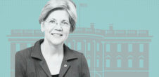 A photo of Elizabeth Warren in front of an illustration of the White House.