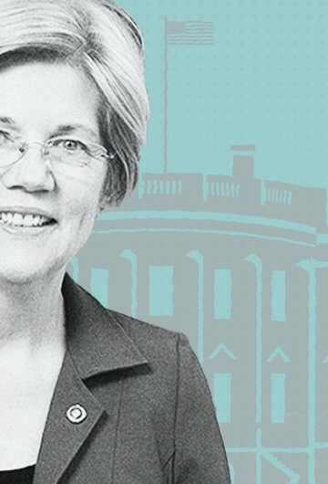 A photo of Elizabeth Warren in front of an illustration of the White House.