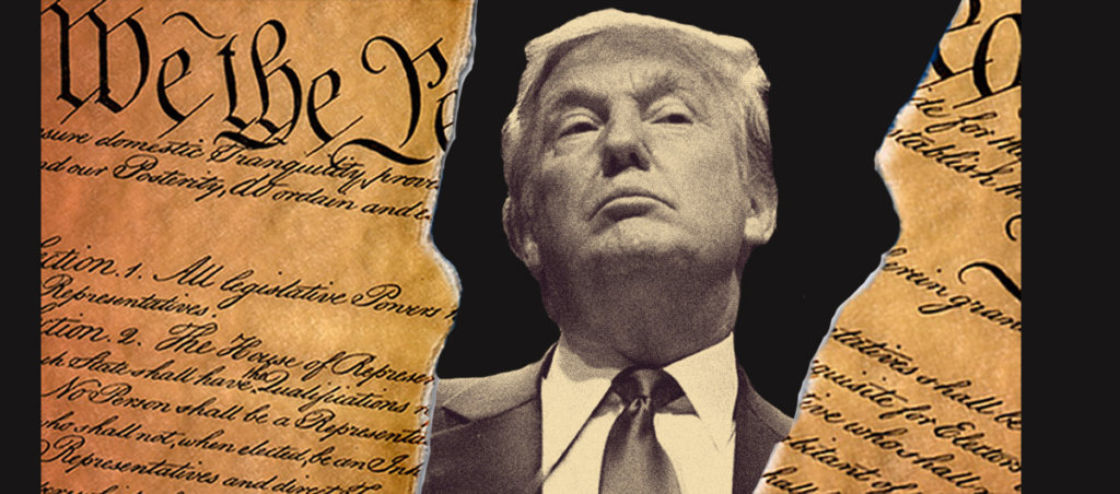 A collage of the US Constitution ripped off with a photo of Donald Trump.