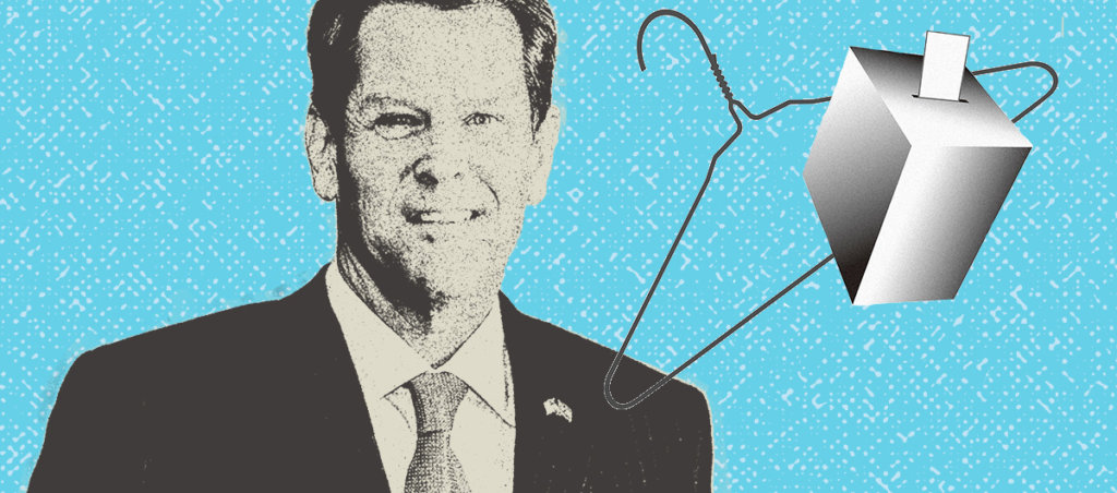 A collage of Governor Kemp, a hanger, and a voting box.