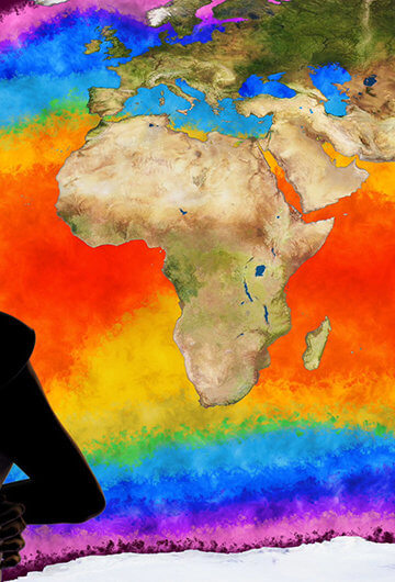 A woman standing in front of a map of the world which is showing the visualization of different temperatures.