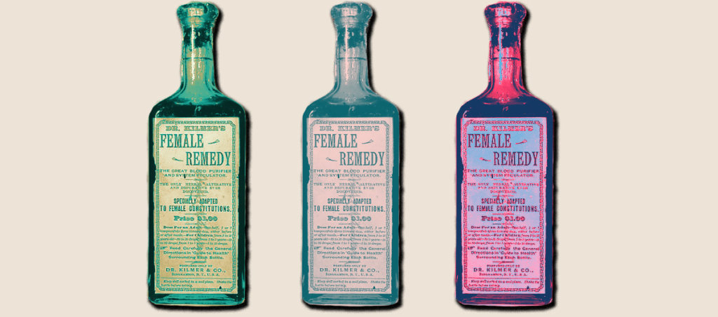 An illustration of three bottles of pseudo medicine.