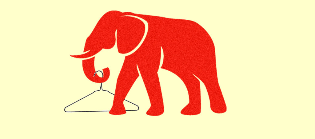 An illustration of a red elephant holding a hanger with its trunk.