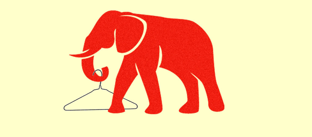 An illustration of a red elephant holding a hanger with its trunk.