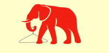 An illustration of a red elephant holding a hanger with its trunk.