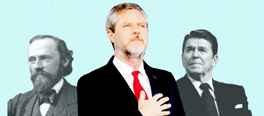 A collage of photos of Horatio Storer, Jerry Falwell Jr., and Ronald Regan.