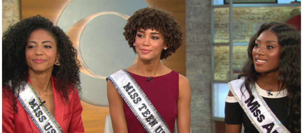 A collage of three Black beauty pageant winners on a talkshow.