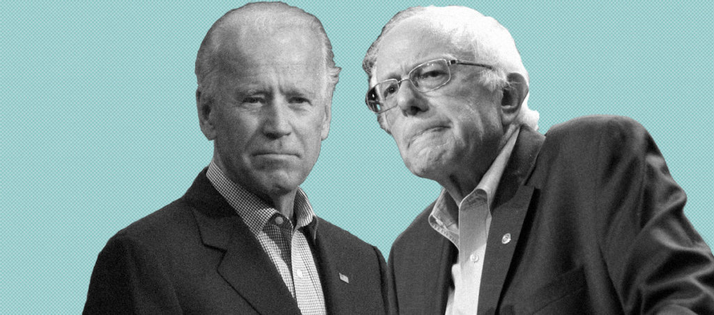 A collage of photos of Joe Biden and Bernie Sanders