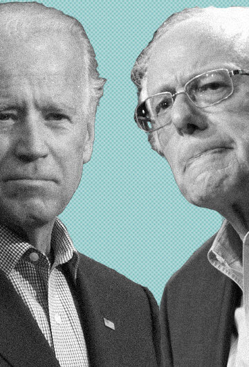 A collage of photos of Joe Biden and Bernie Sanders
