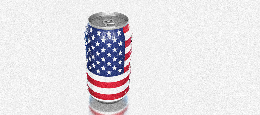 A photo of a beer can painted with the colors of the American flag.