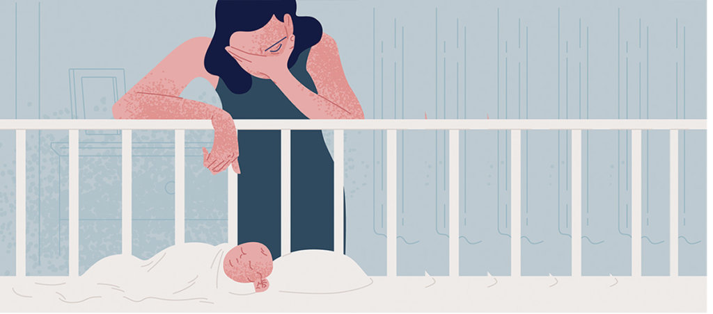 An illustration of a woman with her hands on her face standing in front of a crib with a sleeping baby in it.