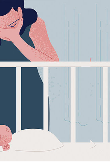 An illustration of a woman with her hands on her face standing in front of a crib with a sleeping baby in it.